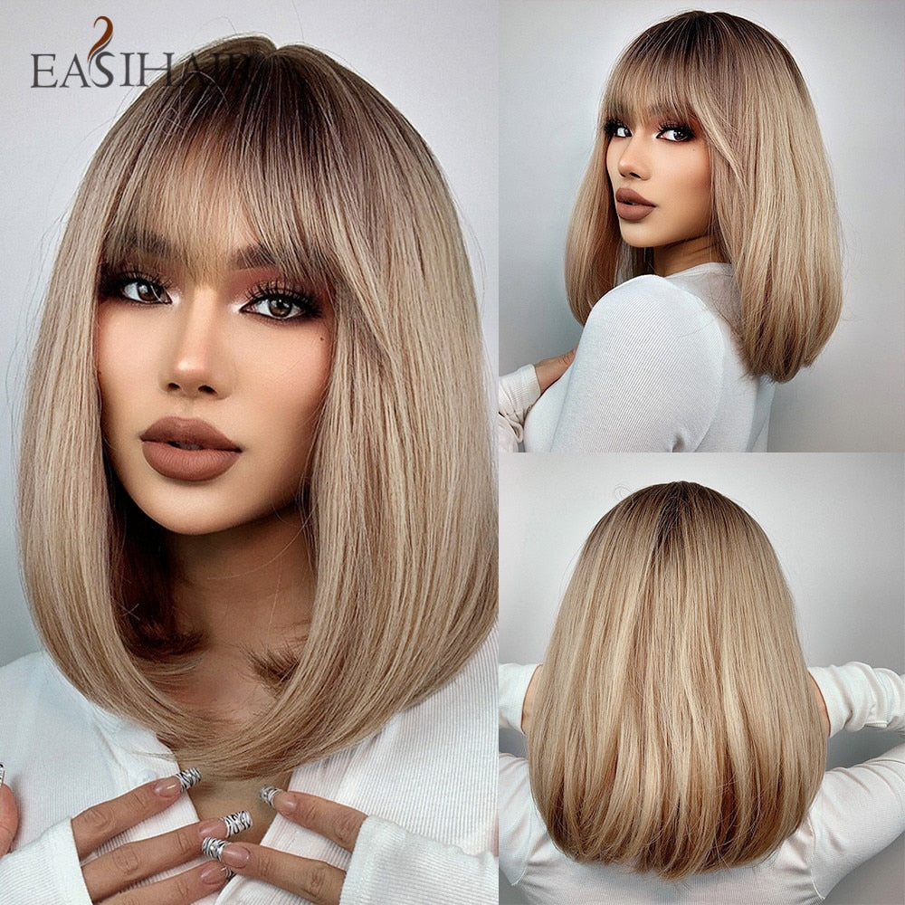 Platinum Blonde, Long Water Wave with Bangs, Daily Synthetic Natural Hair Heat Resistant Wig