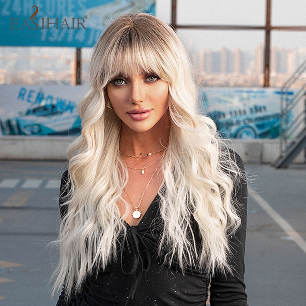 Platinum Blonde, Long Water Wave with Bangs, Daily Synthetic Natural Hair Heat Resistant Wig
