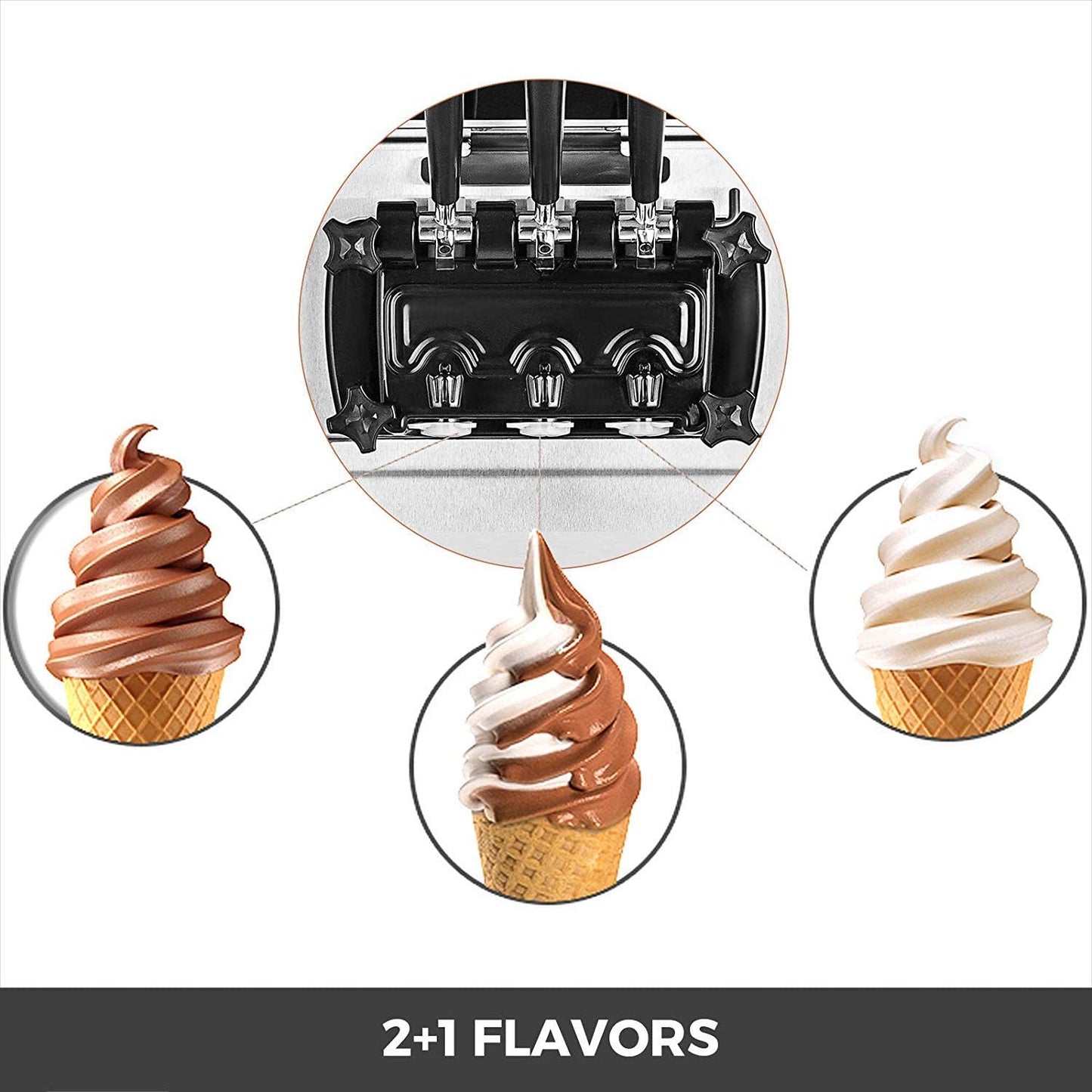 2200W Commercial Soft Ice Cream Machine, 3 Flavors 5.3 to 7.4 Gallons per Hour, Auto Clean, LED Panel