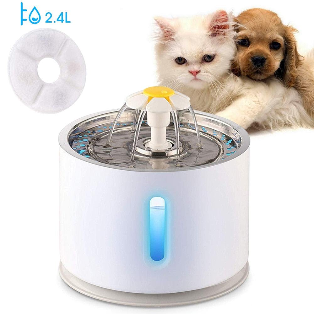 Automatic Pet Water Fountain with LED Lighting, 5 Pack Filters, 2.4L, USB, Dogs Cats Drinking Dispenser