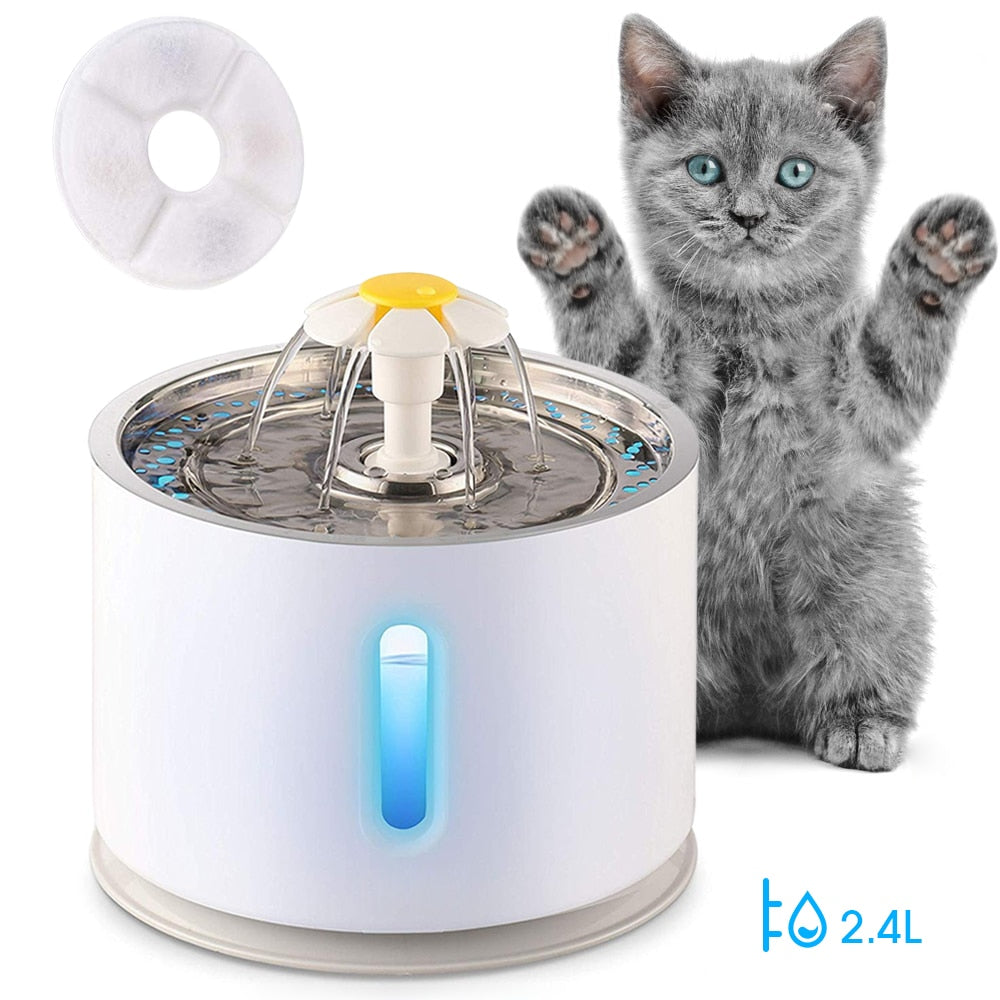 Automatic Pet Water Fountain with LED Lighting, 5 Pack Filters, 2.4L, USB, Dogs Cats Drinking Dispenser