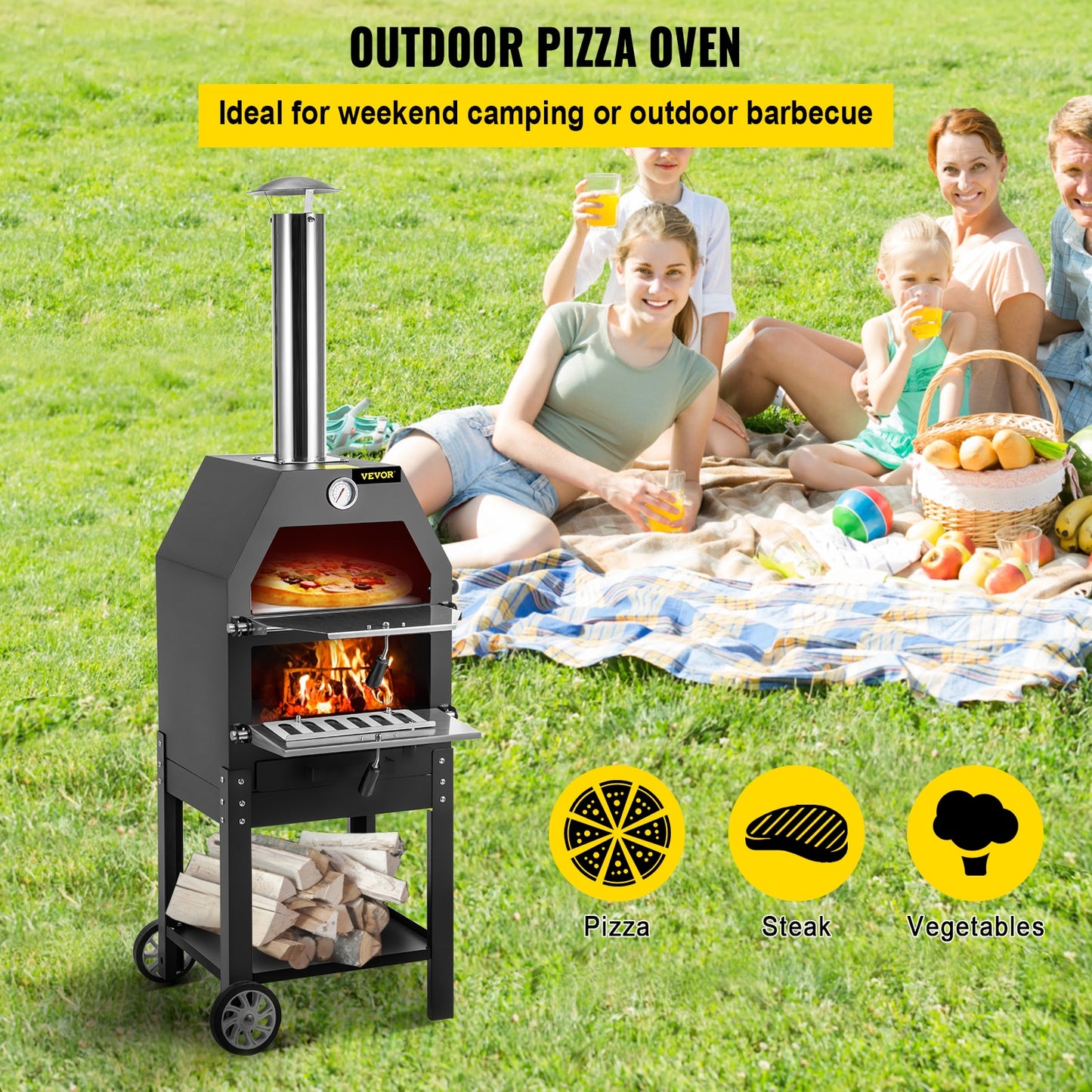 Wood Fried Pizza Oven with Wheels & Handle 2-Layer Portable for Backyard, Camping, Outdoor, Baking
