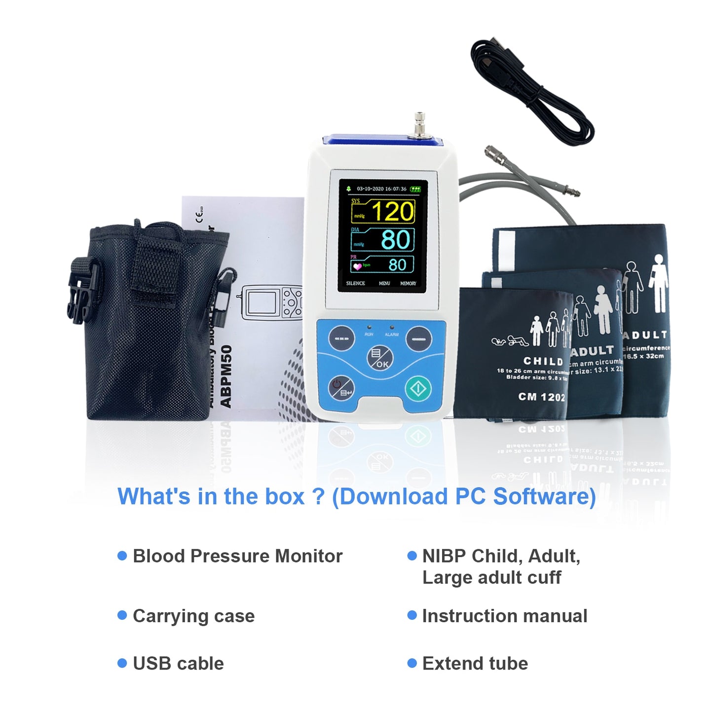 Arm Ambulatory Blood Pressure, Monitor 24hours, NIBP Holter, Adult, Child ,Large , 3 Cuffs, PC Software