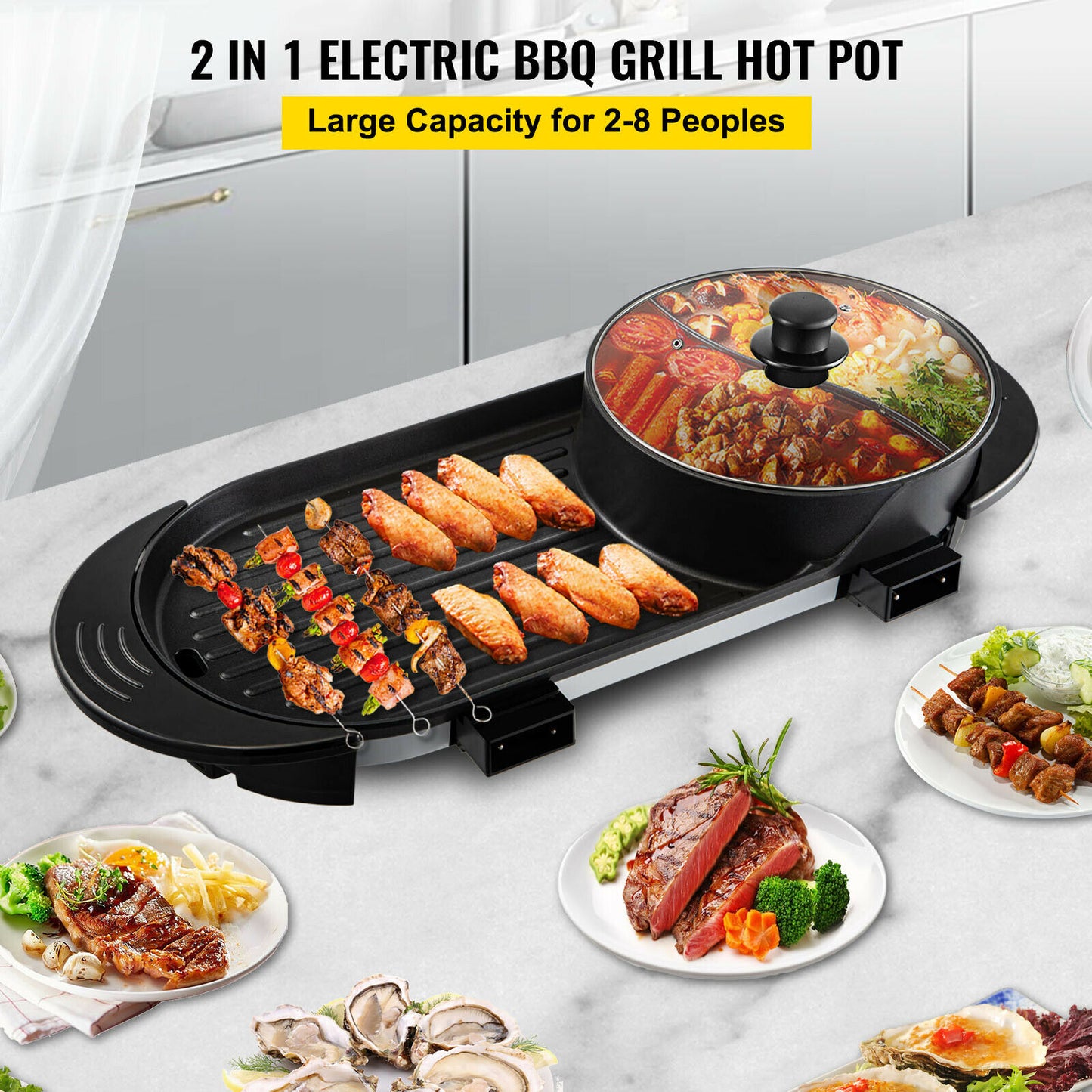 2 in 1 Electric BBQ Grill Hot Pot Smokeless Durable, Even Heated