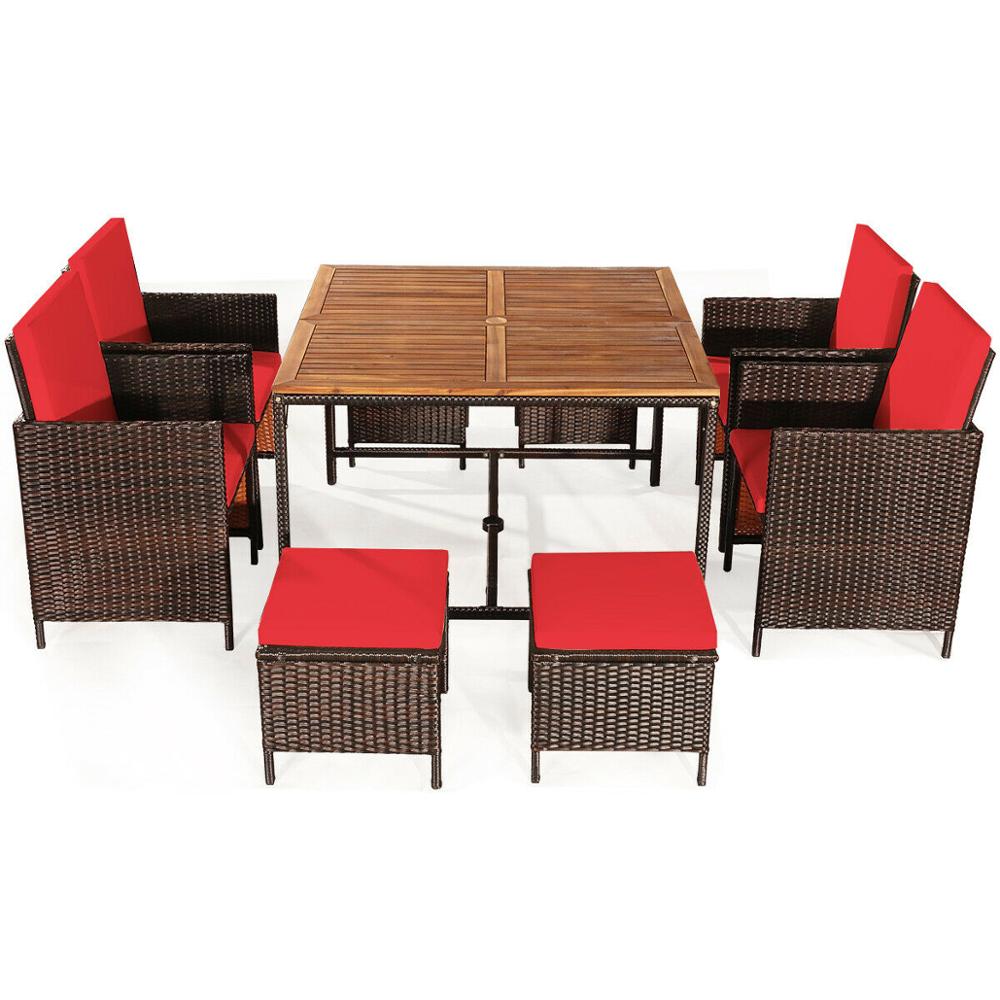 9PCS Patio Rattan Dining Set, Cushioned Chairs, Ottomans, Wood Table Top