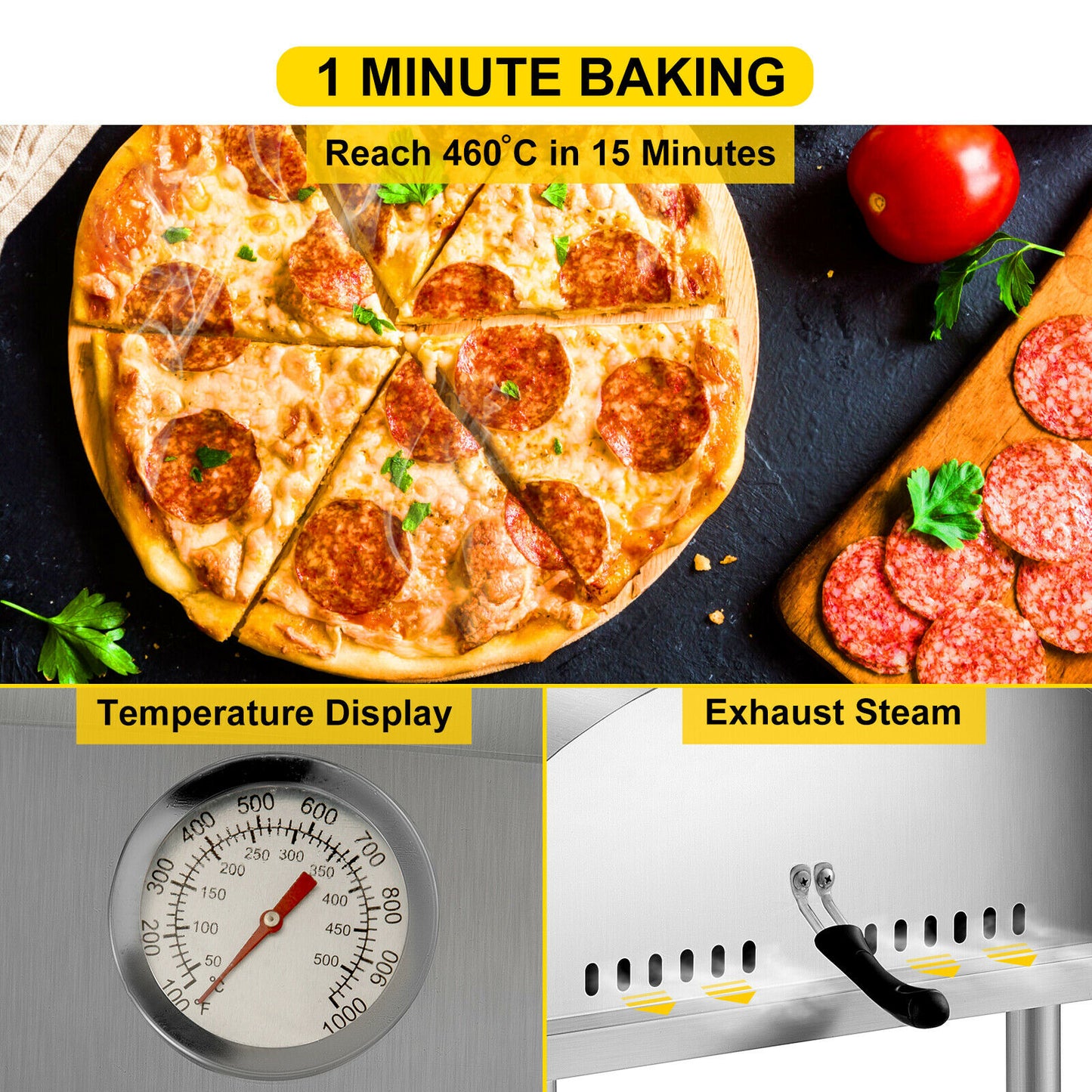 12" Portable Pizza Oven Wood Fired Stainless Steel for Outdoor BBQ Picnics Baking Pizza, Bread, Shrimp, Sausage