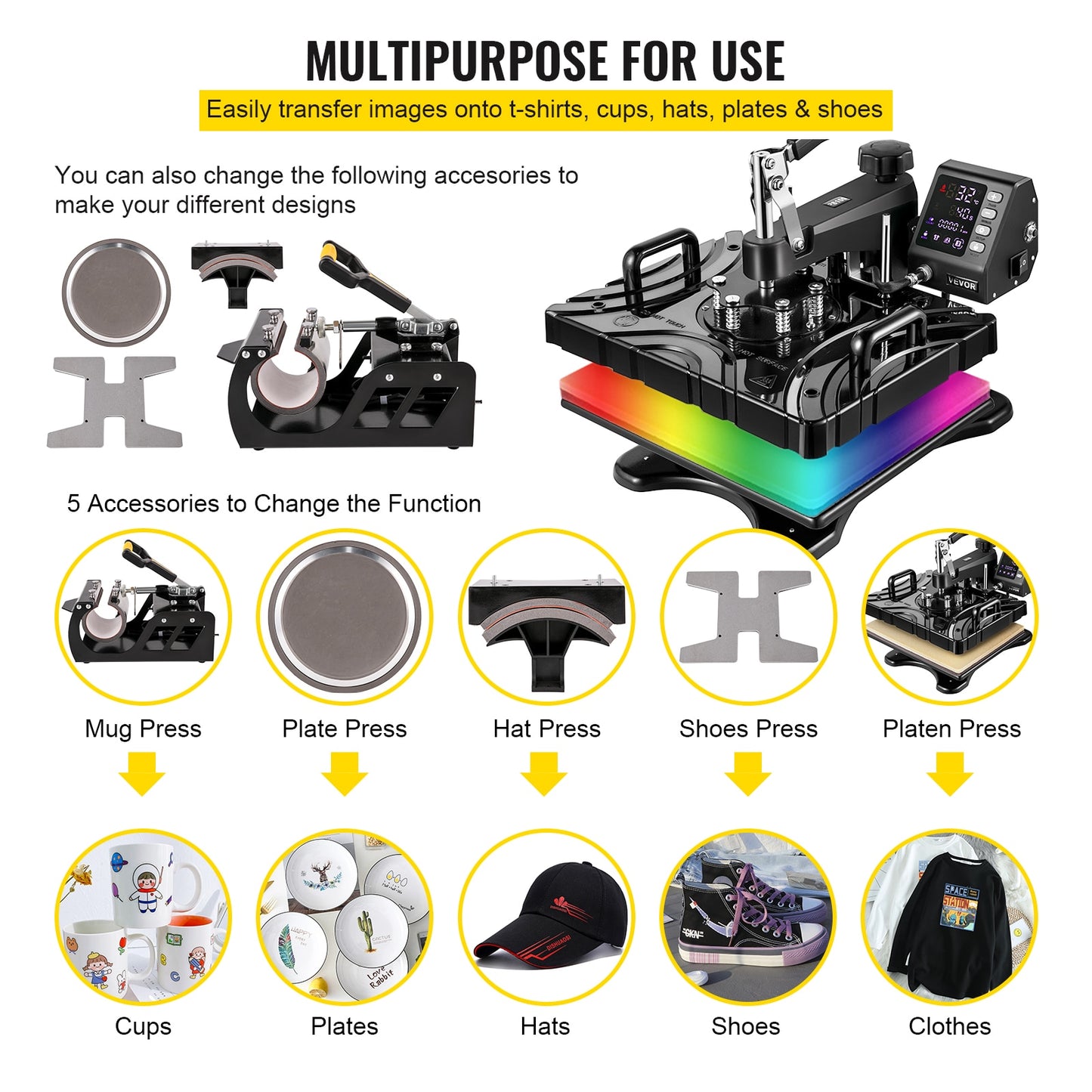12 x15 Inch 360° Heat Press, Double-Tube Heating with LED 5/6 In 1, for Caps T-shirts Cups Plates Pattern Printing