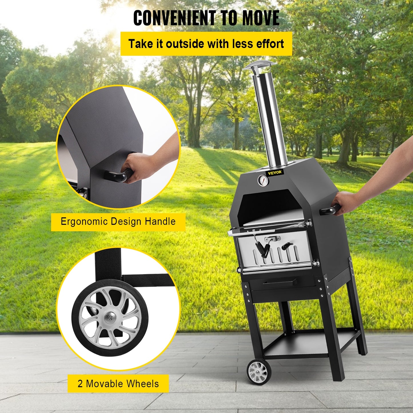 Wood Fried Pizza Oven with Wheels & Handle 2-Layer Portable for Backyard, Camping, Outdoor, Baking