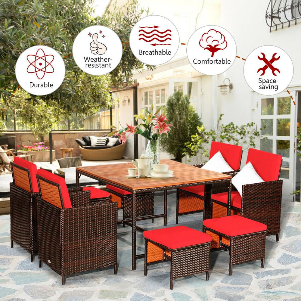 9PCS Patio Rattan Dining Set, Cushioned Chairs, Ottomans, Wood Table Top