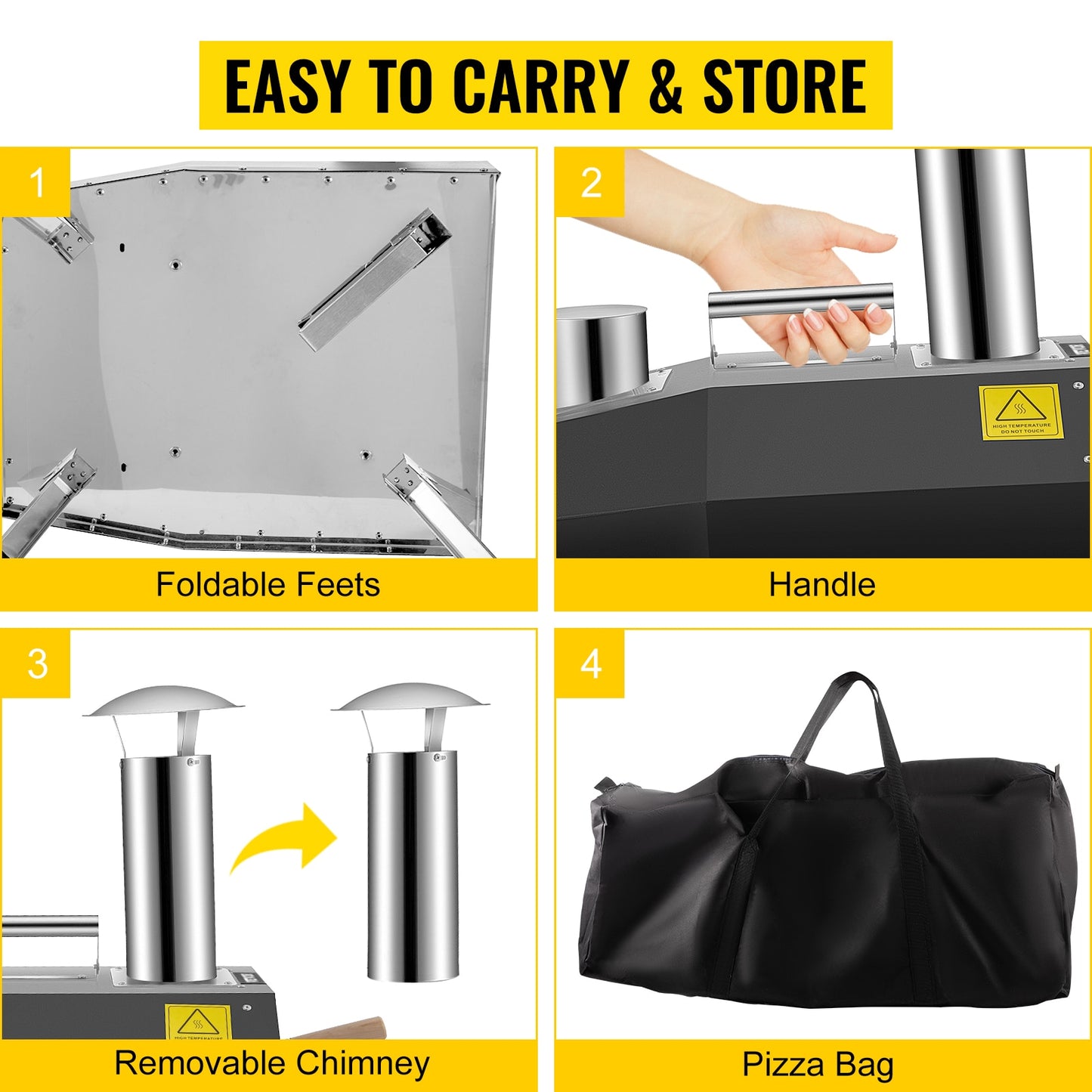 Portable Pizza Oven, Stainless Steel, Foldable Feet, Complete Accessories, Bag for Outdoor Cooking
