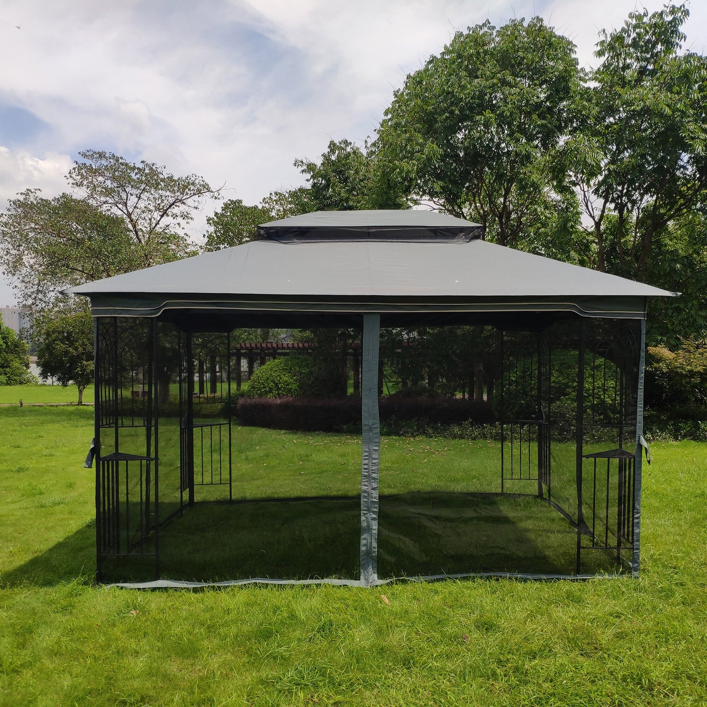 13x10 ft patio Pergola sun shade with ventilated double top and four side netting mosquito netting