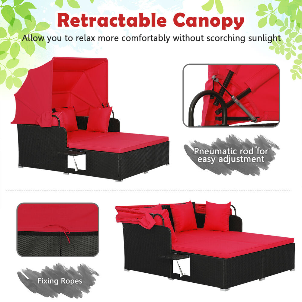 Patio Rattan Daybed Lounge Retractable Top Canopy, Cushions, Off Red