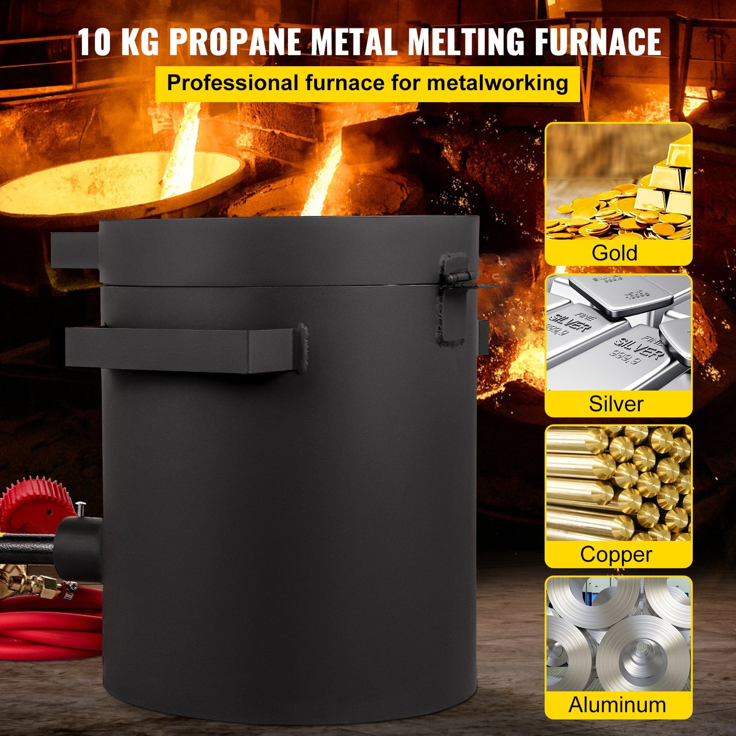 Metal Foundry Furnace, Propane 2/4/5/6/10 KG  w/ Graphite Crucible, Tongs, Casting Smelting