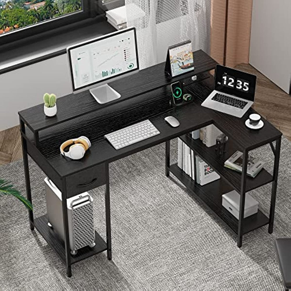 L Shaped Gaming Computer Desk, LED Lights, Power Outlets, Reversible shelves, Drawer, Home, Office