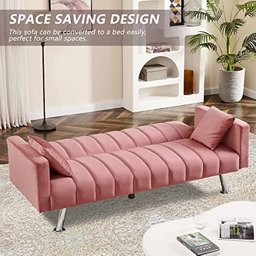 Modern Velvet Sleeper Sofa, Wood Frame, Metal Legs, Comfortable for Living Room, Bedroom, Office Converts to fit mobile builds décor.