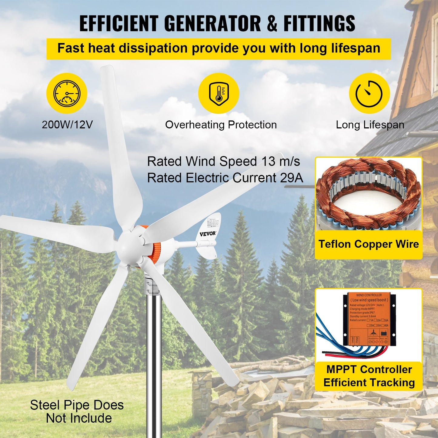 Wind Turbine Generator 300W 400W 500W With MPPT/Charge Controller (RV, Yacht, Farm, Home)