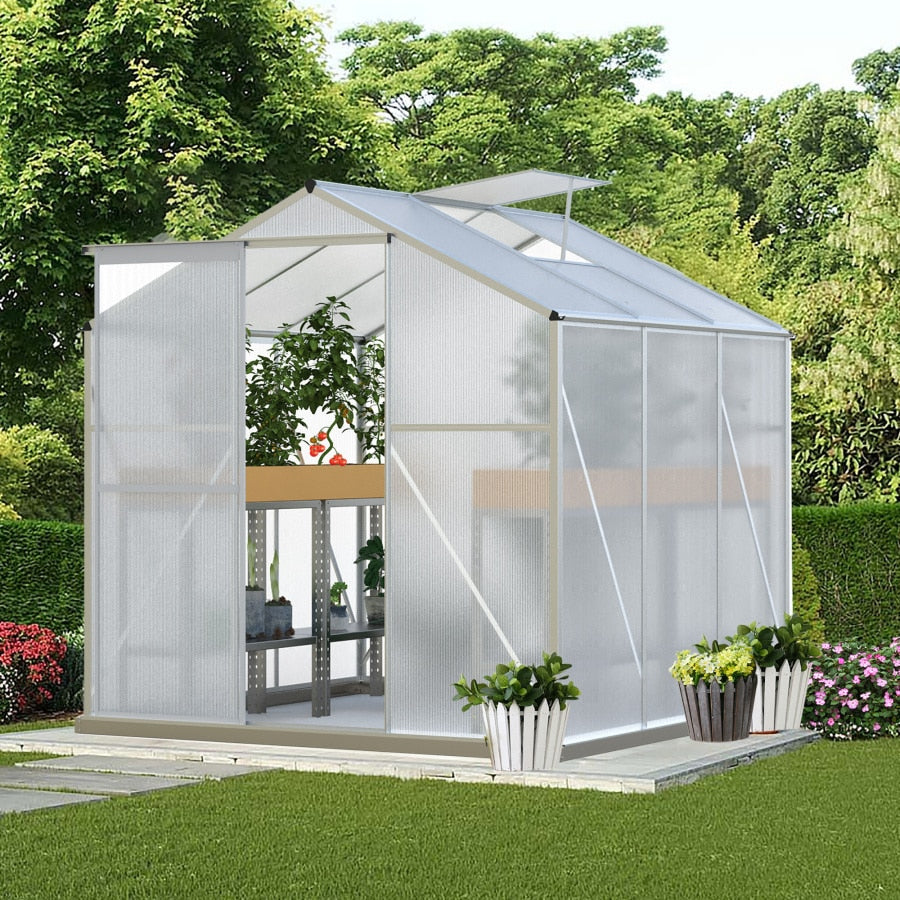 Upgraded Outdoor Patio Greenhouse, Walk-in Polycarbonate with Base, Aluminum, with Sliding Door