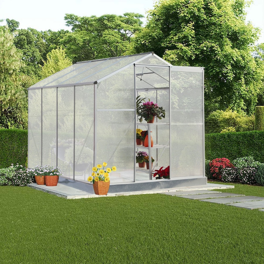 Aluminum Outdoor Greenhouse, Walk-in, Polycarbonate with Base, Sliding Door