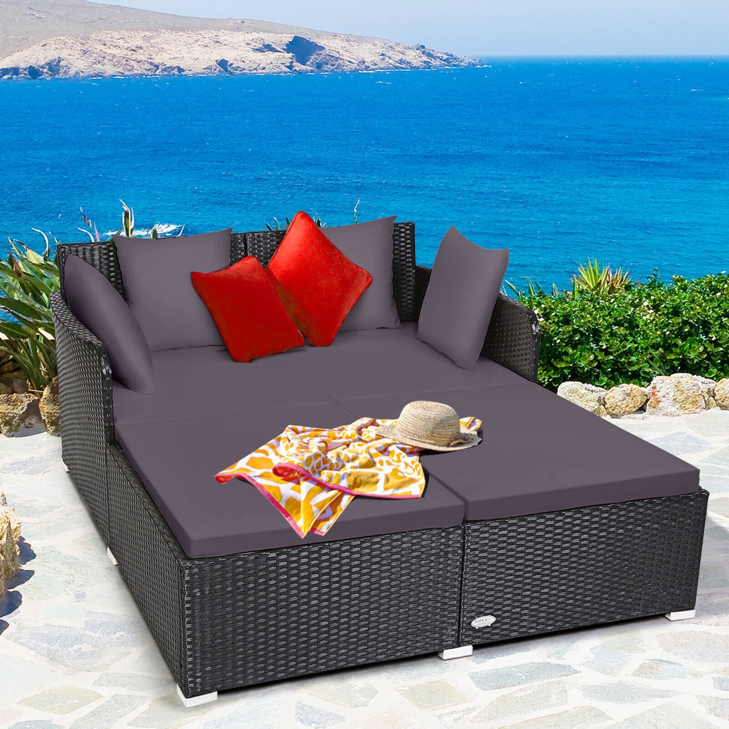 Outdoor Patio Rattan Daybed, Cushioned Sofa Daybed, Grey with Pillows