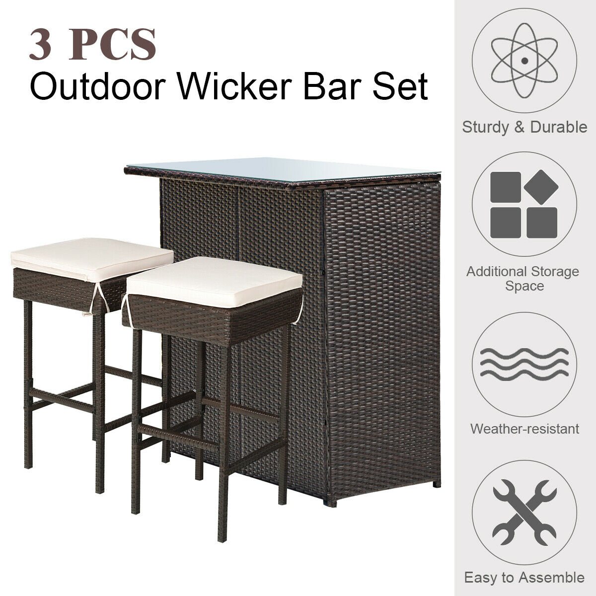 3PCS Patio Rattan Wicker Bar Table, Stools, Dining Set. Cushioned Chairs