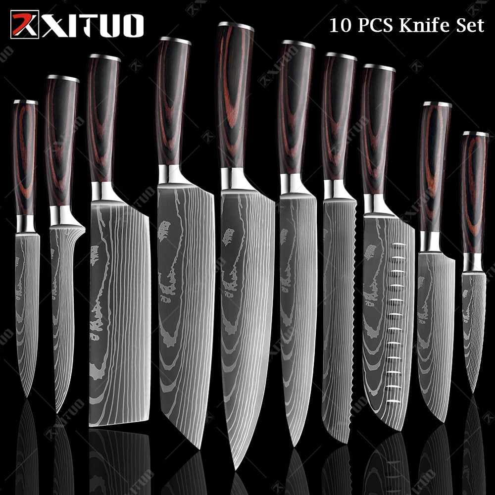 Chef knife 1-10 Pcs Set Kitchen Knives, Laser Damascus Pattern, Sharp Japanese Santoku Knife, Cleaver, Slicing, Utility Knife