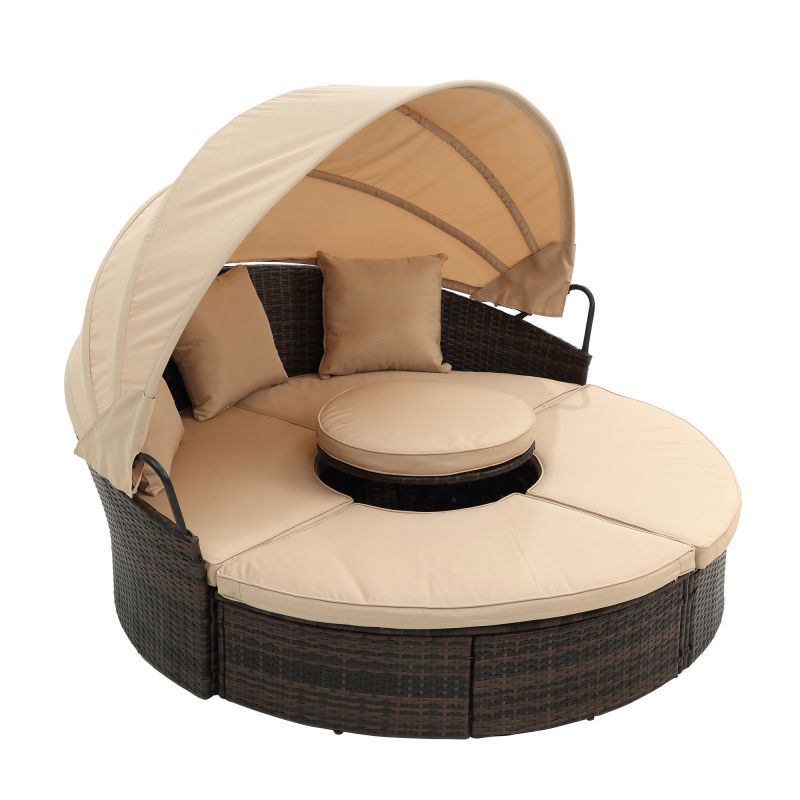 Rattan Round Lounge, Bali Canopy, Wicker Outdoor Sofa Bed with lift coffee table