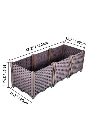 Raised Garden Beds In/Outdoor 20.5 x 14.5  Flower Box, Brown Rattan Style, Plastic, Grow / Care Planter Box Set of 3 or 4
