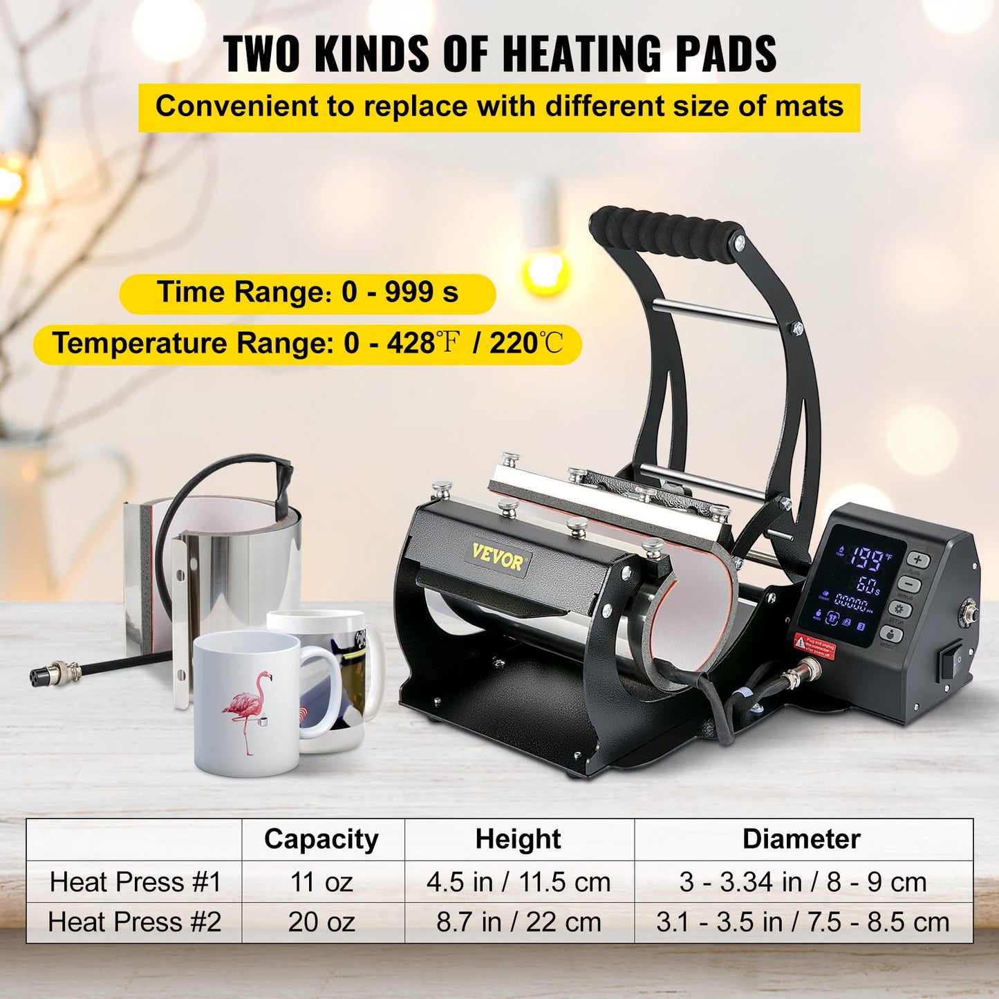 Mug Heat Press 11oz/11.5cm and 20oz/22cm, Two Platens, Detachable Transfer Sublimation Mats