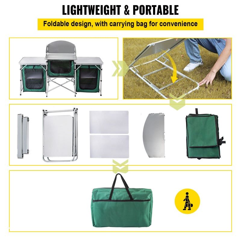 Outdoor Camping Kitchen 3 Zippered Bags, 2 Side Tables, Portable Camp Cook Table