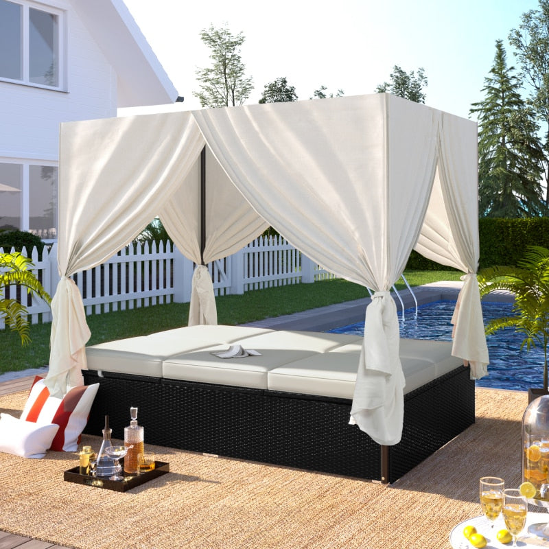 Outdoor Patio Wicker Sunning Daybed with Cushions, Adjustable Seats, Curtain covered