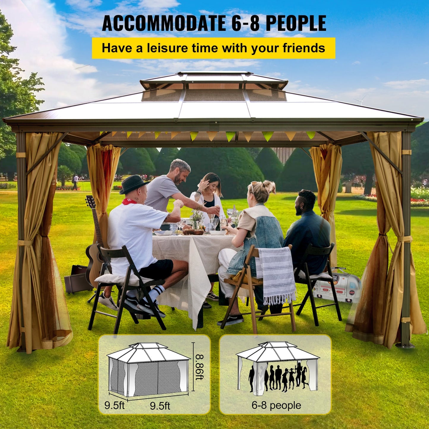 Gazebo Canopy 10x10 or 10x12Ft Hardtop Party, Net, Shade Awning,  (Shelter, Picnic, Lawn, Wedding)