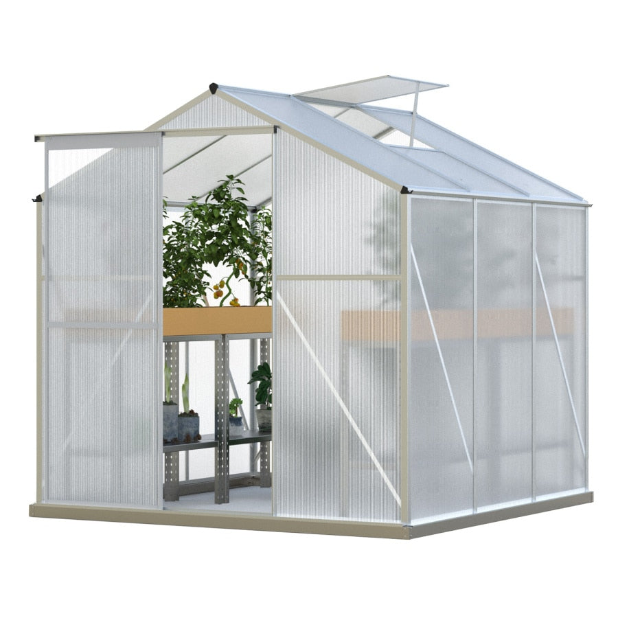 Upgraded Outdoor Patio Greenhouse, Walk-in Polycarbonate with Base, Aluminum, with Sliding Door
