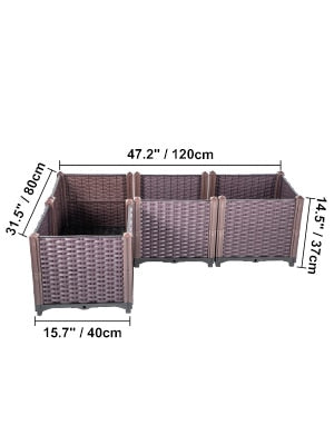 Raised Garden Beds In/Outdoor 20.5 x 14.5  Flower Box, Brown Rattan Style, Plastic, Grow / Care Planter Box Set of 3 or 4