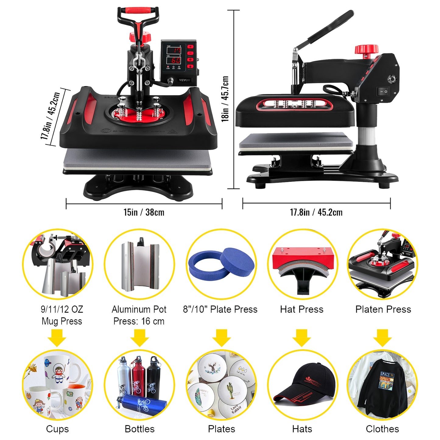 5/8"1 15x15x12x15; Dual-tube Heat Press Sublimation Machine 360° Swing Design for T-shirts, & more