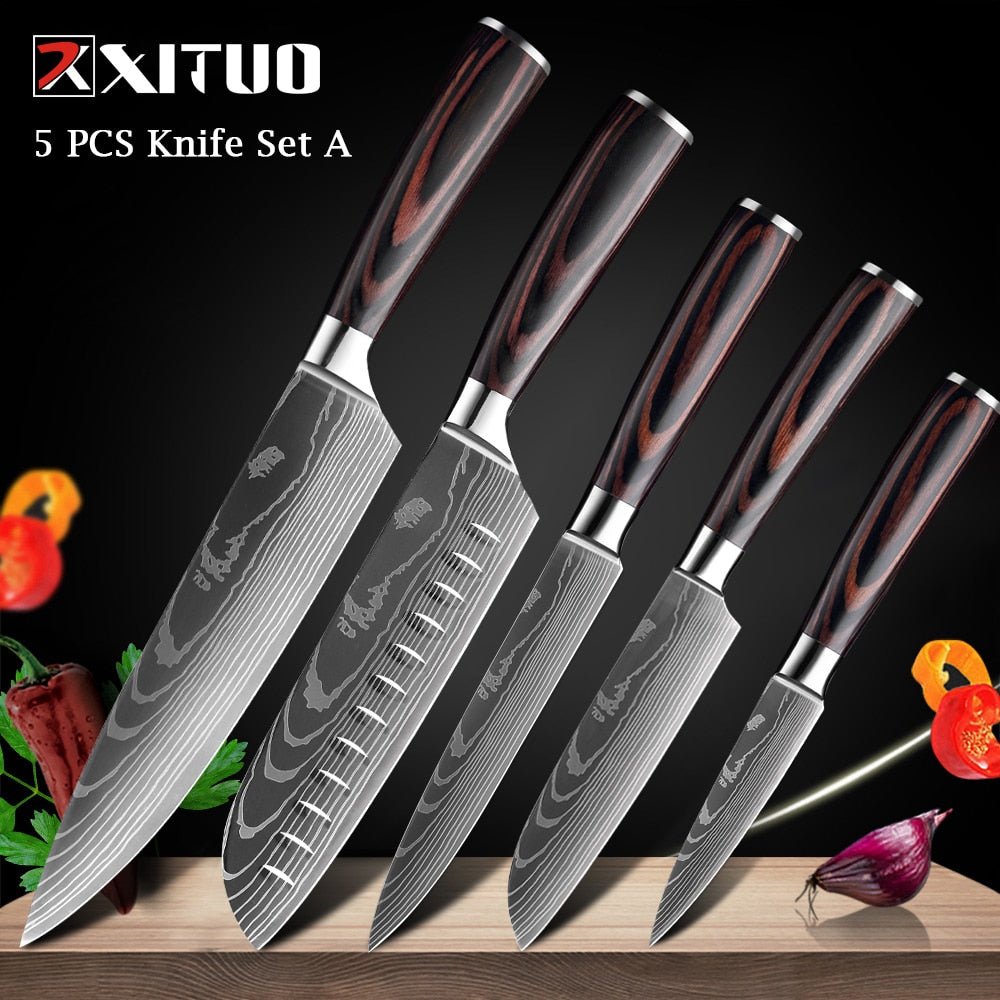 Chef knife 1-10 Pcs Set Kitchen Knives, Laser Damascus Pattern, Sharp Japanese Santoku Knife, Cleaver, Slicing, Utility Knife
