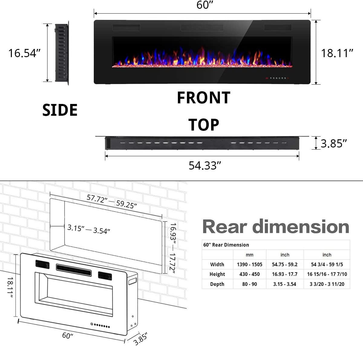 30 x 50 x 68 Electric Fireplace, in-Wall Recessed  Wall Mounted 1500W Heater Linear Timer,, Multicolor Flames, Touch Screen