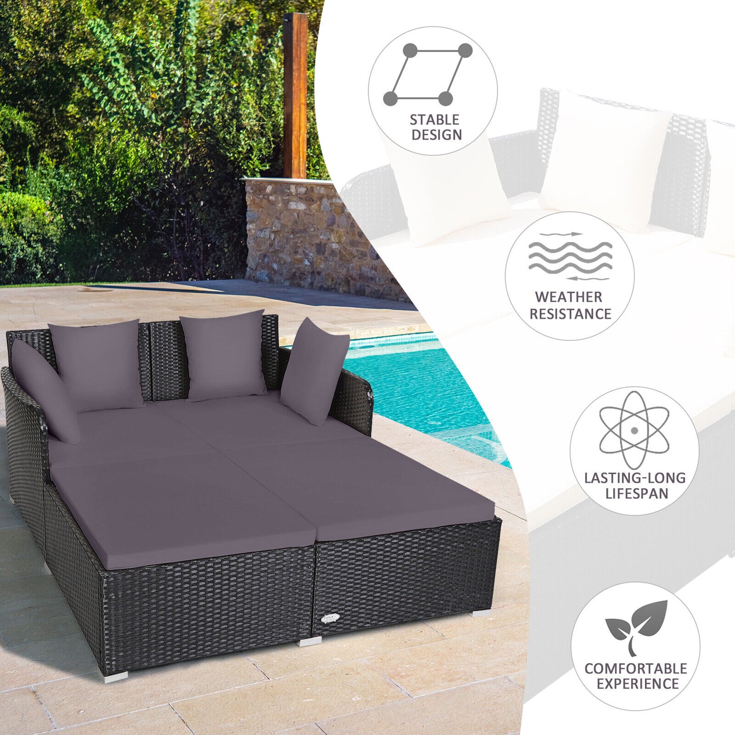 Outdoor Patio Rattan Daybed, Cushioned Sofa Daybed, Grey with Pillows
