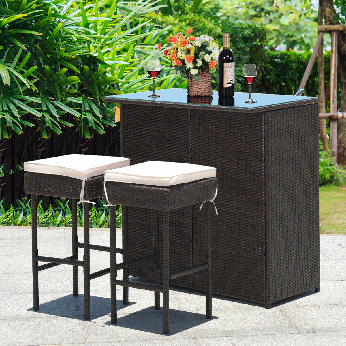 3PCS Patio Rattan Wicker Bar Table, Stools, Dining Set. Cushioned Chairs
