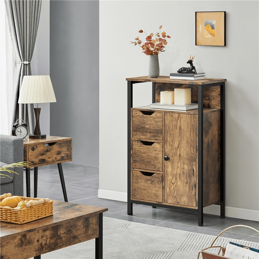 Wood Floor Storage Cabinet, Shelves, 3 Drawers. Ball bearing slides.  Attractive, efficient storage solution for every Room, and smart tiny space furnishing.