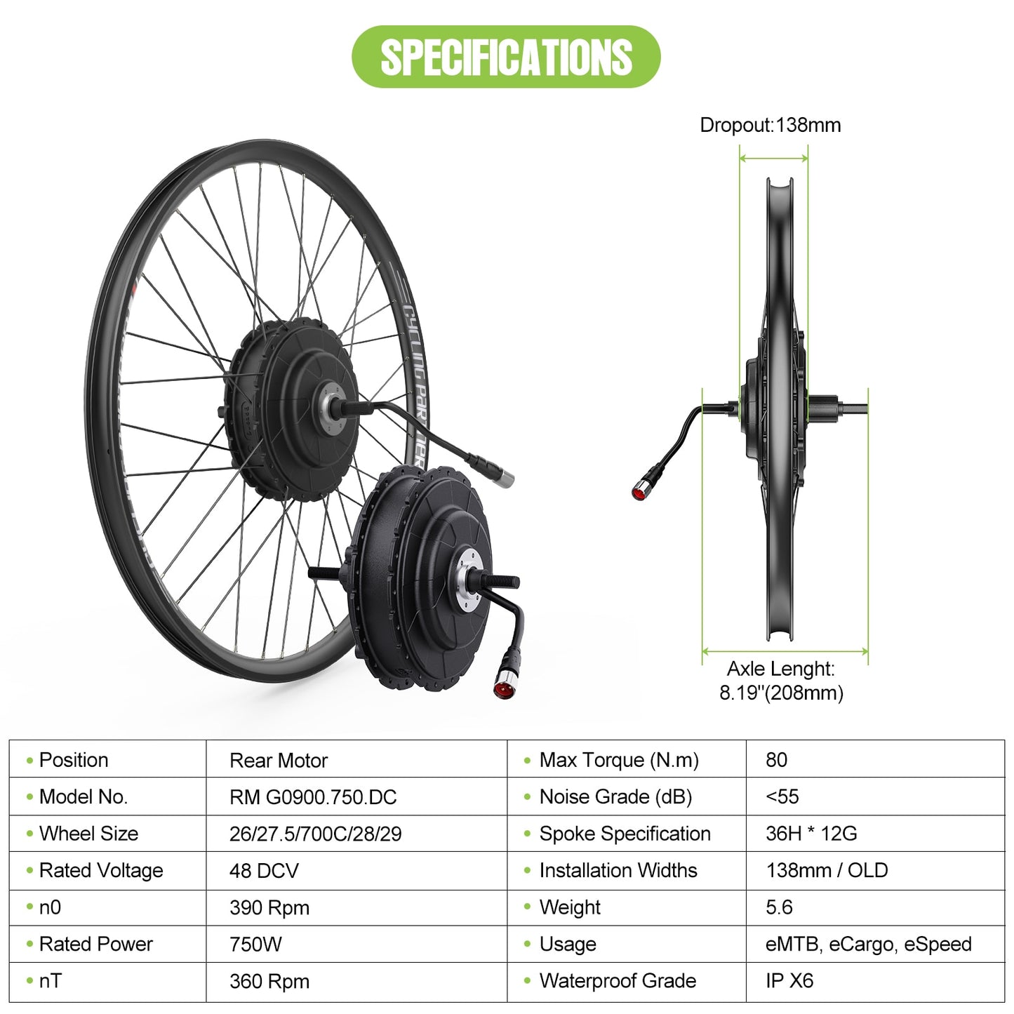 G0900 48V 750W Rear Cassette Brushless Hub Motor 26“ 27.5” 700C Bicycle Conversion Kit With LCD Display