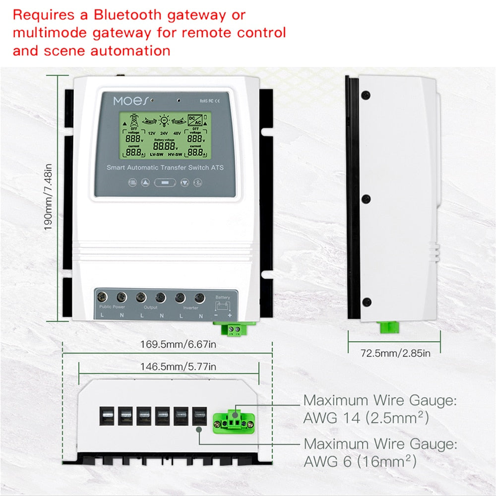 Solar Charge Controller, Automatic Transfer Switch, Bluetooth, Dual Power for Solar Wind System, DC 12/24/48V, AC 110/220V