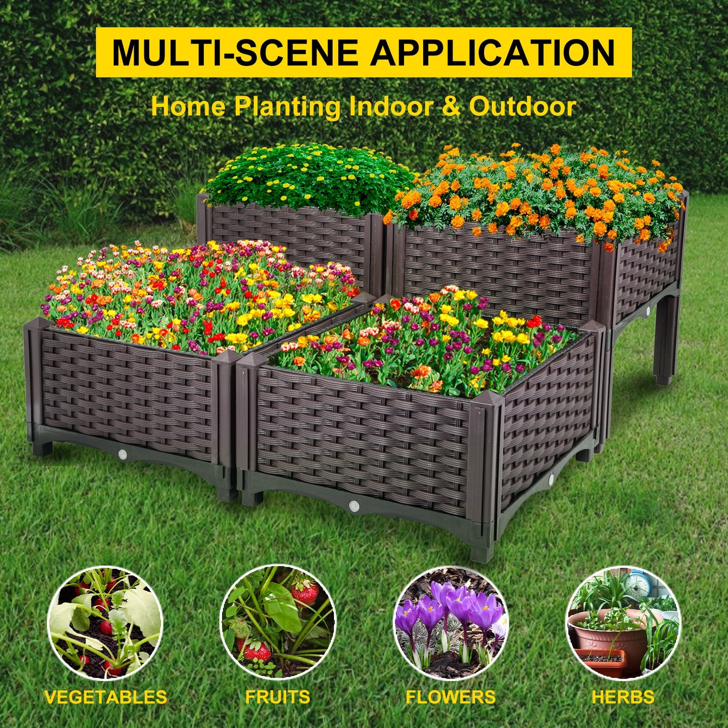Raised Garden Bed 15.7 in Flower Box Kit, Brown Rattan Style Plastic Planter Grow Care Box