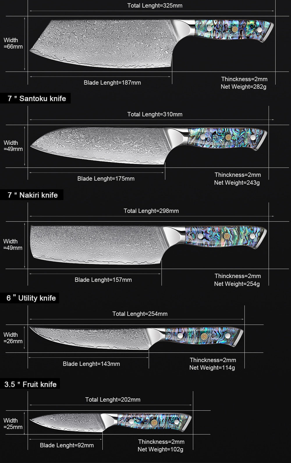 67 Layer Damascus Steel Kitchen Knives Set, Abalone Handle, Sharp