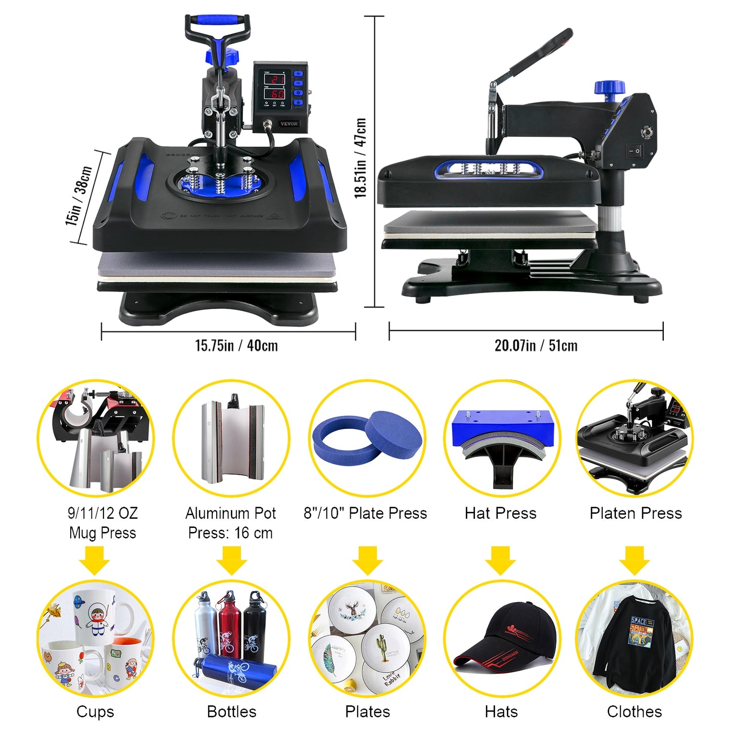 5/8"1 15x15x12x15; Dual-tube Heat Press Sublimation Machine 360° Swing Design for T-shirts, & more