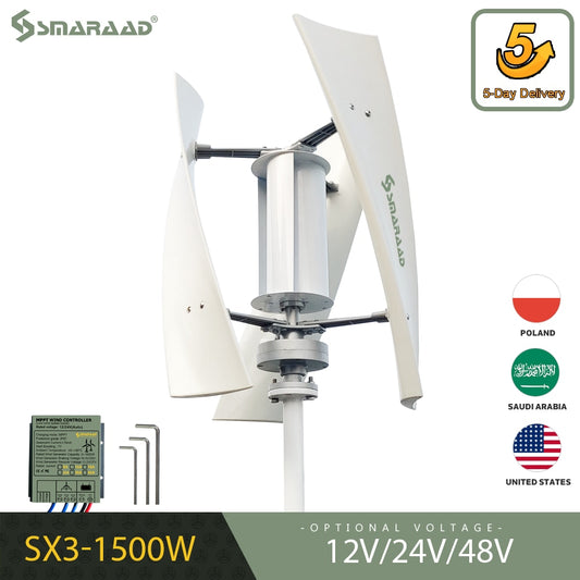 Wind Turbine 1500W Vertical Generator Permanent Magnet Suspension Low Wind Start