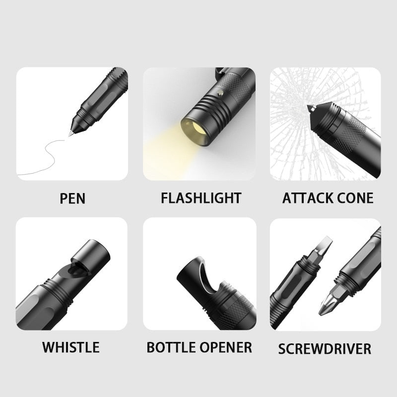 Tactical Self Defense Multitool Survival Pen / Aluminum, Screwdriver, Flashlight, whistle, and more