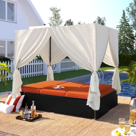 Outdoor Patio Wicker Sunning Daybed with Cushions, Adjustable Seats, Curtain covered