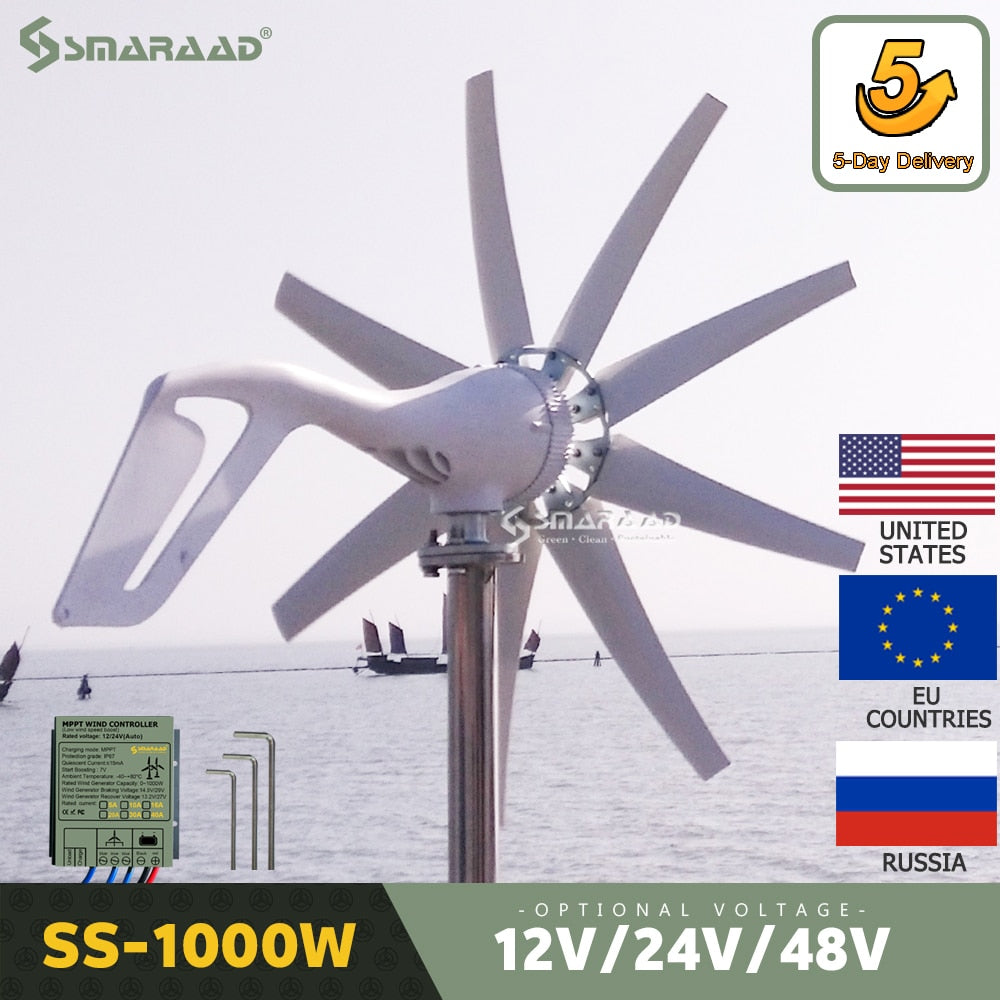 1000W 12V 24V 48V DC 220V Wind Turbine Generator Low Noise High Efficiency